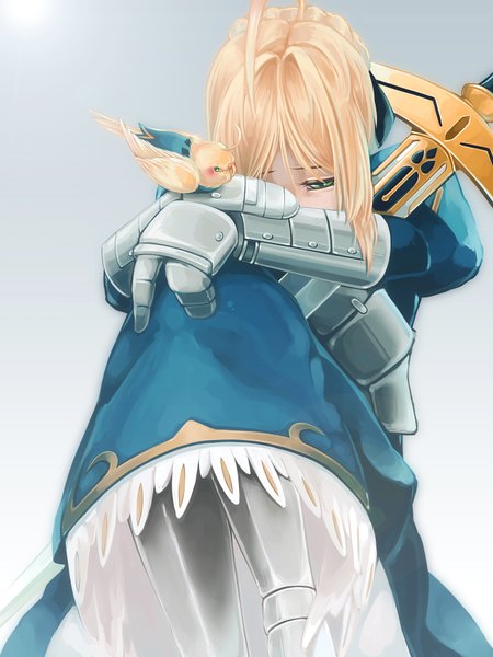 Anime picture 1350x1800 with fate (series) fate/stay night fate/zero studio deen type-moon artoria pendragon (all) saber sogno single tall image fringe blonde hair aqua eyes sad girl dress gloves ribbon (ribbons) weapon hair ribbon