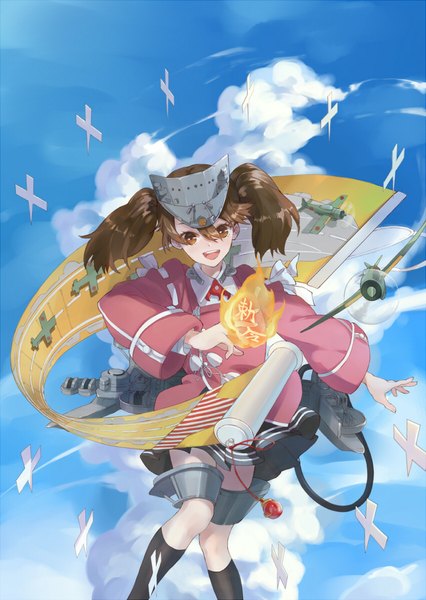 Anime picture 850x1197 with kantai collection ryuujou light aircraft carrier roong single tall image short hair open mouth hair between eyes brown hair twintails brown eyes sky cloud (clouds) traditional clothes :d japanese clothes short twintails girl socks black socks
