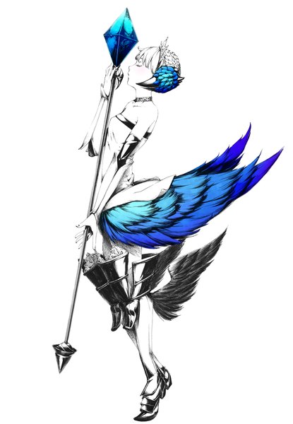 Anime picture 1000x1444 with odin sphere vanillaware gwendolyn sousou (sousouworks) tall image blush short hair simple background white background full body eyes closed profile monochrome girl wings armor spear