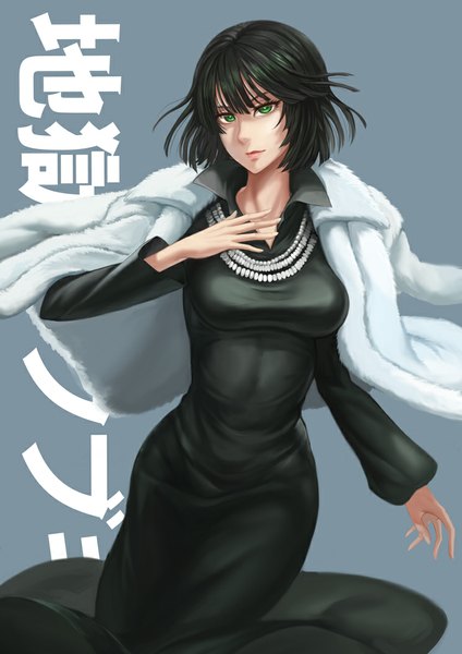 Anime picture 744x1052 with one-punch man madhouse fubuki (one-punch man) sturmjager single tall image looking at viewer short hair black hair green eyes lips hieroglyph girl dress black dress fur beads
