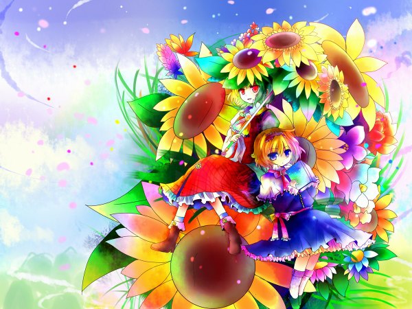 Anime picture 1200x900 with touhou alice margatroid kazami yuuka kazu (muchuukai) multicolored girl flower (flowers)