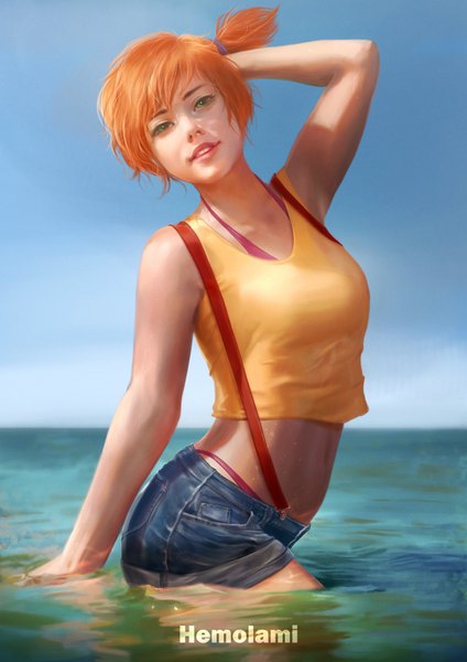 Anime picture 1131x1600 with pokemon nintendo misty (pokemon) hemolami single tall image looking at viewer fringe short hair smile bare shoulders green eyes signed sky blurry orange hair realistic bare belly wet partially submerged