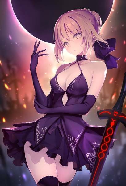 Anime picture 1208x1777 with fate (series) fate/grand order artoria pendragon (all) saber alter haishiki single tall image looking at viewer blush fringe short hair breasts open mouth light erotic blonde hair hair between eyes large breasts standing bare shoulders yellow eyes