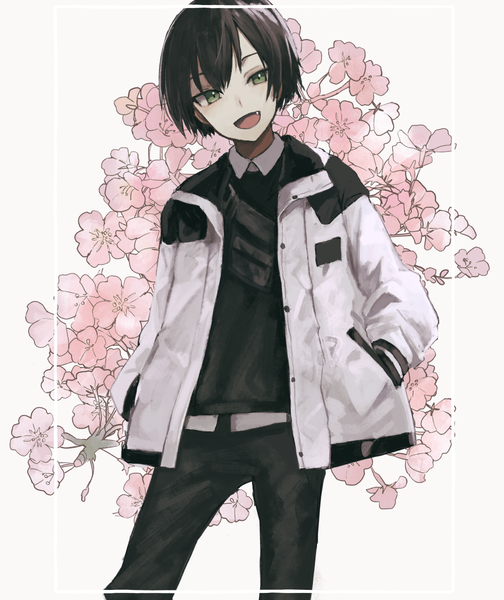 Anime picture 1000x1190 with original nanao mugi single tall image looking at viewer fringe short hair open mouth black hair standing green eyes head tilt :d open jacket fang (fangs) cherry blossoms floral print hands in sleeves boy jacket