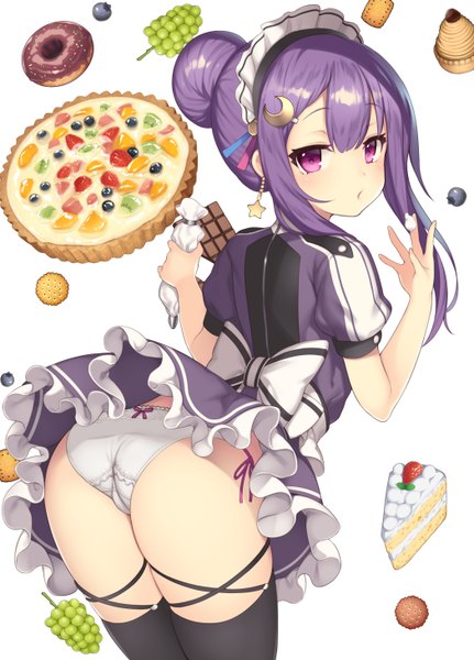 Anime picture 1050x1460 with touhou patchouli knowledge pokachu single long hair tall image looking at viewer blush fringe light erotic simple background white background purple eyes holding purple hair ass parted lips looking back :o maid