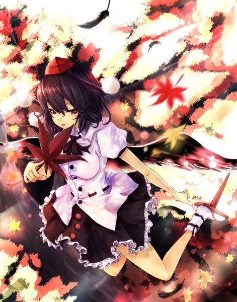 Anime picture 2200x2800 with touhou shameimaru aya tall image highres black hair purple eyes girl plant (plants) hat tree (trees) leaf (leaves) feather (feathers) fan hauchiwa