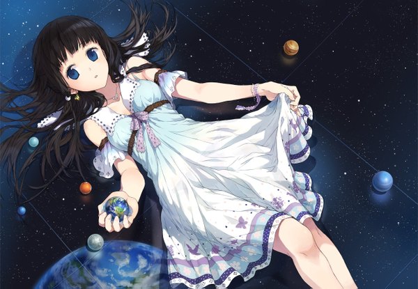 Anime picture 1317x911 with original tiv long hair blue eyes black hair lying space girl dress star (stars) jewelry planet earth