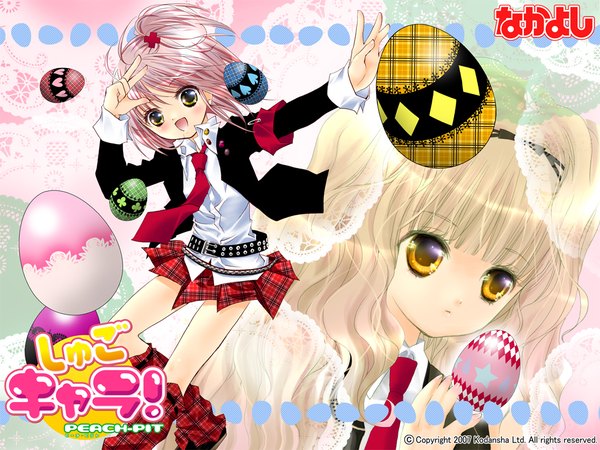 Anime picture 1024x768 with shugo chara! hinamori amu peach-pit long hair blush short hair open mouth blonde hair smile multiple girls signed yellow eyes pink hair inscription hieroglyph open collar girl skirt uniform hair ornament