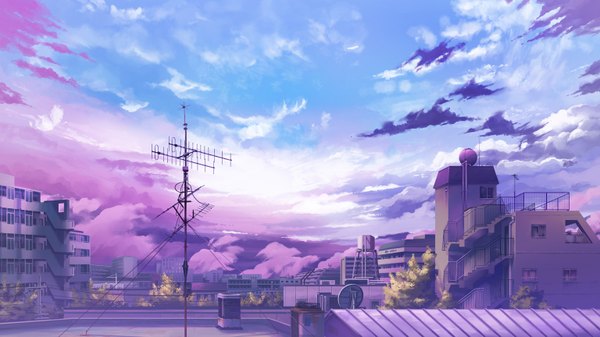 Anime picture 1536x864 with original gom jabbar wide image sky cloud (clouds) city cityscape landscape plant (plants) tree (trees) house roof antenna