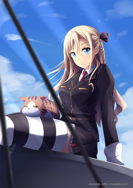 Anime picture 640x905 with high school fleet wilhelmina braunschweig ingenohl friedeburg isoroku (haifuri) mimelex single long hair tall image looking at viewer fringe blue eyes blonde hair smile hair between eyes sitting signed sky cloud (clouds) braid (braids) arm support side braid