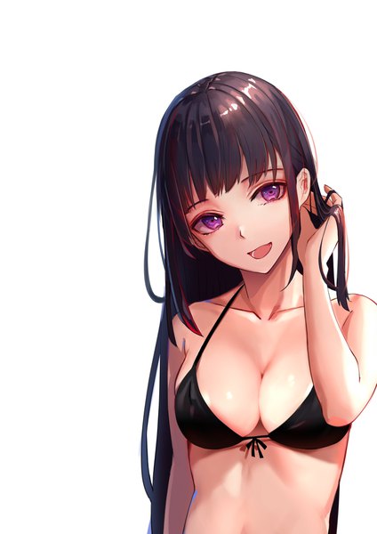 Anime picture 1457x2064 with original nekojira single long hair tall image looking at viewer fringe breasts open mouth light erotic black hair simple background smile large breasts white background purple eyes cleavage upper body head tilt :d