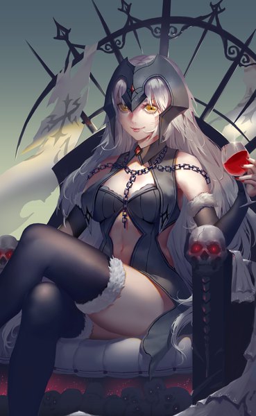 Anime picture 2070x3365 with fate (series) fate/grand order jeanne d'arc (fate) (all) jeanne d'arc alter (fate) jeanne d'arc alter (avenger) (third ascension) (fate) itoucon single long hair tall image looking at viewer fringe highres breasts sitting holding yellow eyes silver hair nail polish fingernails light smile