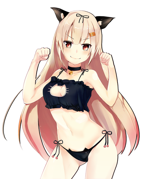 Anime picture 854x1000 with kantai collection yuudachi destroyer unajuu (set mk) single long hair tall image looking at viewer blush fringe breasts light erotic simple background blonde hair red eyes white background animal ears light smile cat ears cat girl underwear only