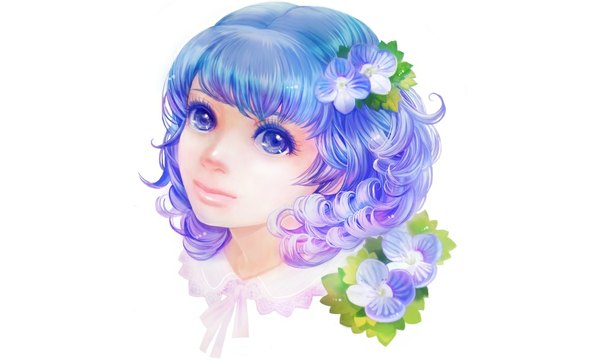 Anime picture 1160x700 with original umedama short hair blue eyes simple background wide image white background blue hair hair flower lips face curly hair hair ornament flower (flowers)