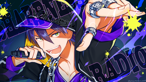 Anime picture 2240x1260 with virtual youtuber nijisanji kenmochi touya miyukiyo single looking at viewer fringe highres short hair open mouth hair between eyes wide image holding green eyes signed purple hair upper body fingernails twitter username outstretched arm