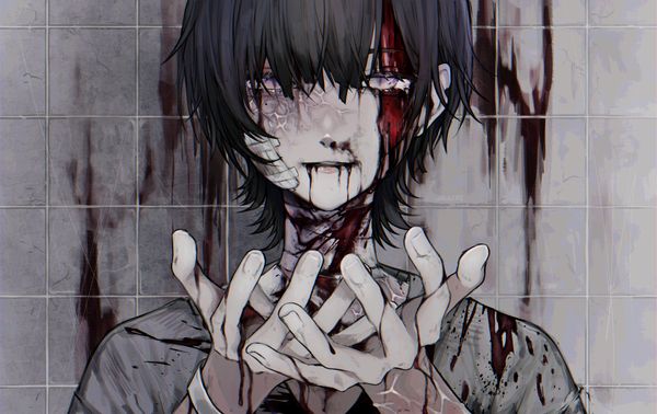 Anime picture 1910x1204 with original 402 (o0 xxx) single looking at viewer fringe highres short hair light erotic black hair hair between eyes purple eyes upper body fingernails scar blood on face bloody clothes bandaid on face bleeding nosebleed boy