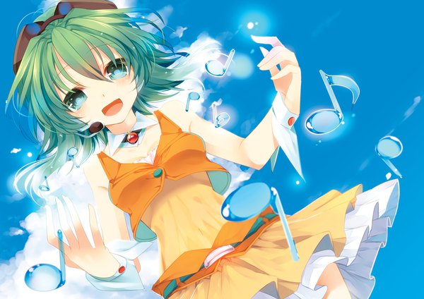 Anime picture 900x636 with vocaloid gumi nekoto maruta single looking at viewer fringe short hair open mouth hair between eyes sky cloud (clouds) aqua eyes green hair from below dutch angle sleeveless girl wrist cuffs goggles musical note