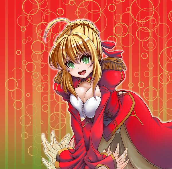 Anime picture 965x949 with fate (series) fate/extra type-moon nero claudius (fate) nero claudius (fate/extra) mana12 single blush short hair breasts open mouth light erotic blonde hair smile green eyes ahoge braid (braids) braided bun girl dress