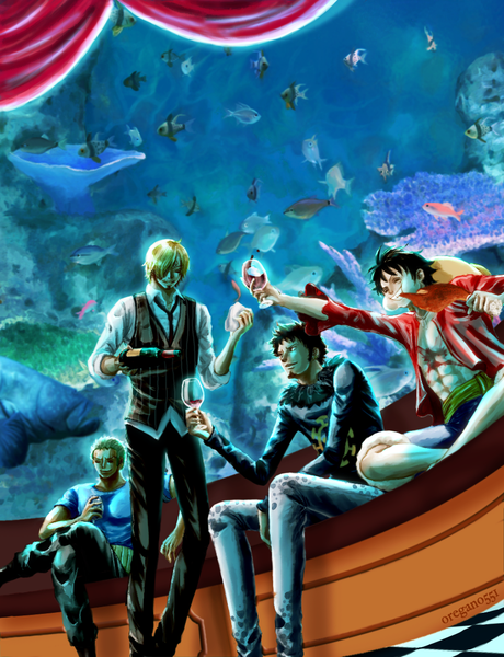 Anime picture 894x1164 with one piece toei animation monkey d. luffy roronoa zoro sanji trafalgar law oregano551 tall image fringe short hair black hair blonde hair smile standing sitting holding signed looking away indoors eyes closed