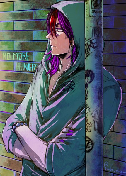Anime picture 800x1115 with nanbaka rock (nanbaka) boto single long hair tall image purple eyes signed looking away purple hair upper body red hair nail polish profile multicolored hair inscription two-tone hair crossed arms face paint brick wall
