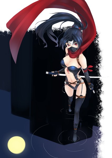 Anime picture 1240x1753 with original ame no uta (aria-rain) single long hair tall image light erotic black hair red eyes holding ponytail dual wielding girl thighhighs gloves weapon black thighhighs sword scarf fingerless gloves katana