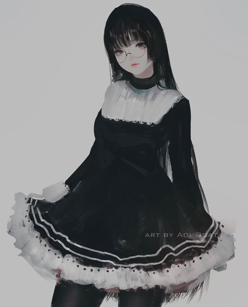 Anime picture 1036x1280 with original aoi ogata single long hair tall image looking at viewer fringe black hair standing signed payot blunt bangs long sleeves lips grey background grey eyes watermark lolita fashion goth-loli girl