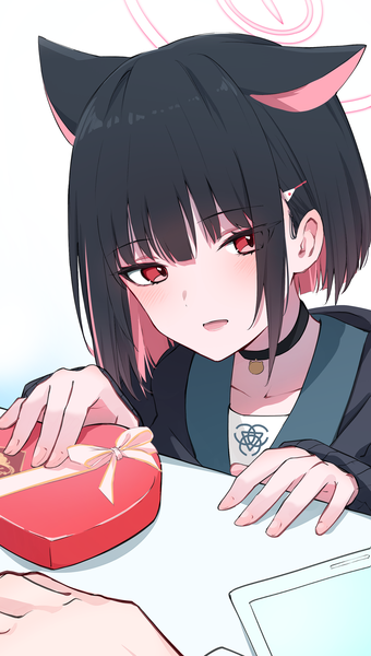 Anime picture 1700x3000 with blue archive kazusa (blue archive) ycya2482 tall image looking at viewer short hair black hair red eyes animal ears multicolored hair solo focus colored inner hair valentine girl choker halo gift gift box