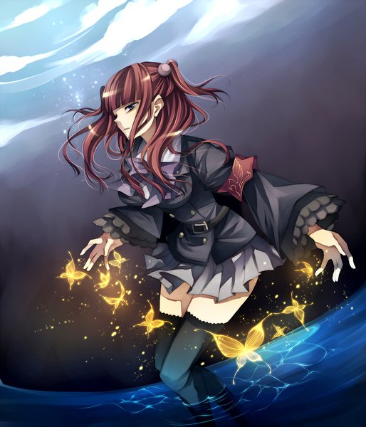 Anime picture 1200x1400 with umineko no naku koro ni ushiromiya ange tsukioka tsukiho single long hair tall image fringe looking away red hair blunt bangs two side up partially submerged girl thighhighs skirt hair ornament black thighhighs water insect butterfly
