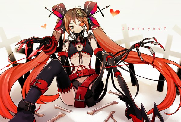Anime picture 1036x700 with vocaloid bacterial contamination (vocaloid) hatsune miku harano single long hair looking at viewer open mouth red eyes sitting twintails bare shoulders holding red hair multicolored hair aqua eyes inscription heterochromia glowing glowing eye (eyes)
