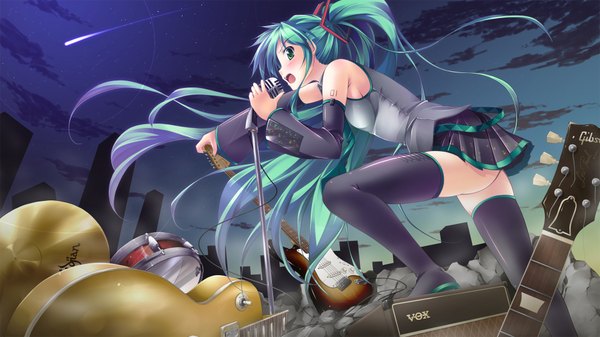 Anime picture 1920x1080 with vocaloid hatsune miku masaki kei long hair highres open mouth light erotic wide image green eyes green hair ruins shooting star girl thighhighs detached sleeves miniskirt building (buildings) microphone musical instrument guitar