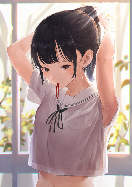 Anime picture 707x1000 with original shii (kairi-t-k0317) single tall image blush fringe short hair black hair holding payot upper body ponytail blunt bangs sunlight arms up armpit (armpits) midriff grey eyes depth of field mouth hold