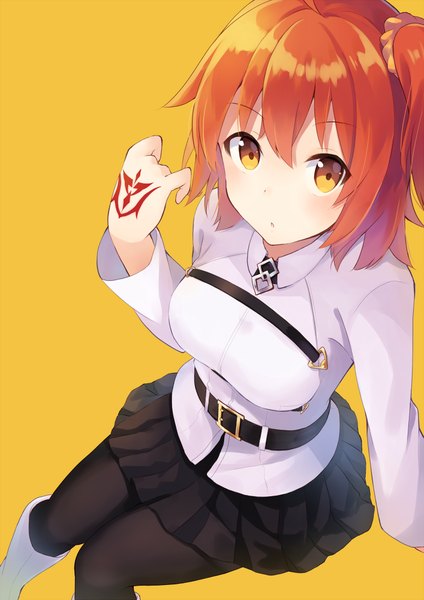 Anime picture 707x1000 with fate (series) fate/grand order type-moon fujimaru ritsuka (female) female protagonist (fate/grand order) nonono (nononotea) single tall image looking at viewer blush fringe breasts simple background sitting brown eyes yellow eyes bent knee (knees) pleated skirt arm up from above
