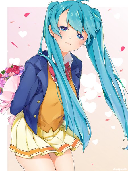 Anime picture 1300x1733 with vocaloid hatsune miku megumoke single long hair tall image looking at viewer blush blue eyes twintails signed ahoge wind aqua hair girl uniform flower (flowers) school uniform petals bouquet