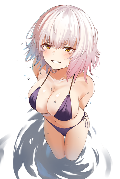 Anime picture 804x1200 with fate (series) fate/grand order jeanne d'arc (fate) (all) jeanne d'arc alter (fate) derby (dabidabi) single tall image looking at viewer blush fringe short hair breasts light erotic simple background smile hair between eyes large breasts standing white background yellow eyes