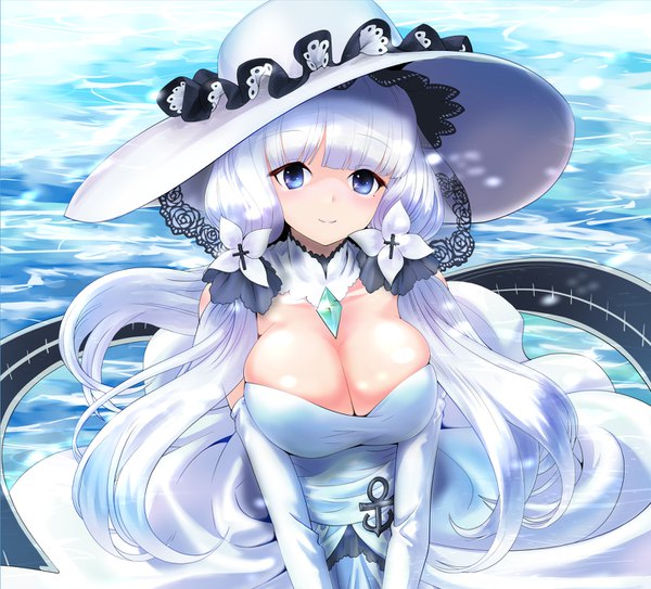 Anime picture 1430x1296 with azur lane illustrious (azur lane) timlee single long hair looking at viewer blush fringe breasts blue eyes light erotic large breasts twintails bare shoulders cleavage silver hair blunt bangs light smile mole mole under eye