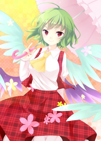 Anime picture 1295x1805 with touhou kazami yuuka ajiriko single tall image short hair red eyes green hair girl skirt flower (flowers) wings umbrella skirt set