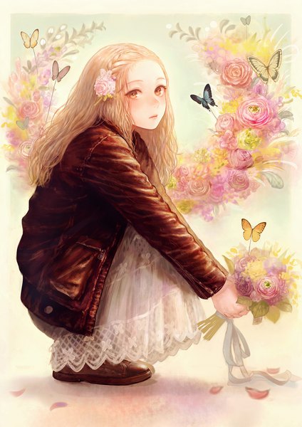 Anime picture 1200x1697 with original romiy single long hair tall image looking at viewer blush blonde hair simple background sitting holding brown eyes full body braid (braids) long sleeves hair flower open jacket shadow outstretched arm turning head