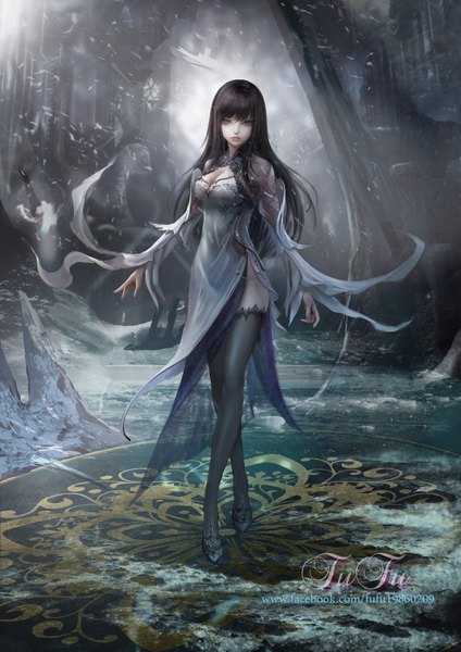 Anime picture 2922x4133 with original fufu single long hair tall image looking at viewer fringe highres breasts light erotic black hair hair between eyes standing signed cleavage full body nail polish wind realistic wide sleeves