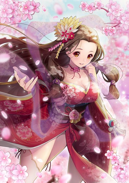 Anime picture 2894x4093 with sengoku fubu koflif single tall image looking at viewer blush highres breasts open mouth smile brown hair large breasts standing brown eyes cleavage outdoors very long hair traditional clothes japanese clothes hair flower