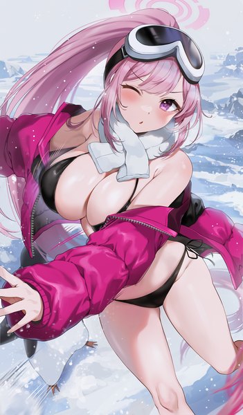 Anime picture 1000x1710 with blue archive eimi (blue archive) eimi (swimsuit) (blue archive) gijang single tall image blush breasts light erotic large breasts standing looking away pink hair outdoors ponytail very long hair one eye closed pink eyes off shoulder open jacket