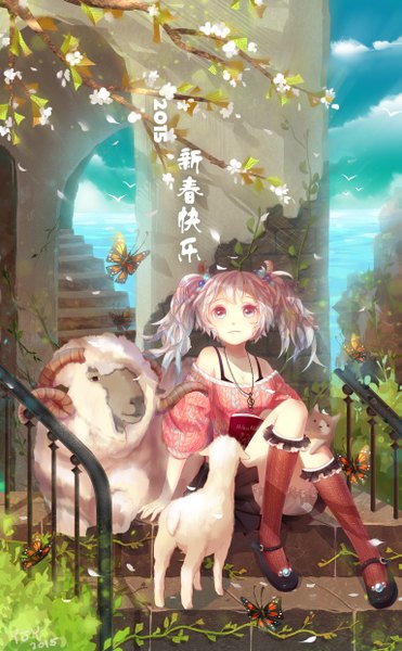 Anime picture 1533x2480 with vocaloid hatsune miku sakura miku tapiokaro (ximilul) long hair tall image blue eyes sitting twintails pink hair girl flower (flowers) plant (plants) animal tree (trees) socks insect butterfly stairs