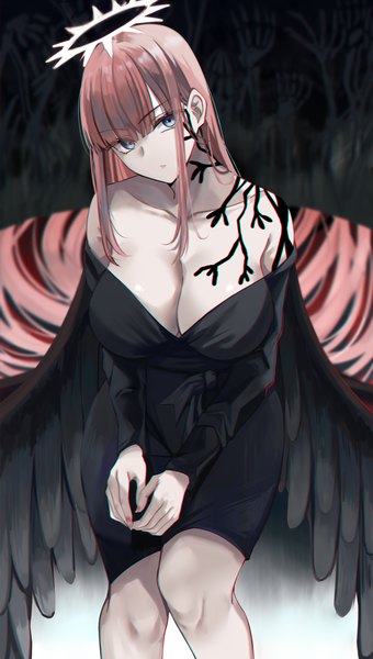 Anime picture 1200x2117 with original nicky w single tall image looking at viewer fringe blue eyes light erotic standing bare shoulders pink hair blunt bangs long sleeves very long hair nail polish head tilt off shoulder tattoo black wings anaglyph
