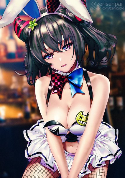 Anime-Bild 800x1132 mit azur lane san francisco (azur lane) san francisco (funny bunny!) (azur lane) zeri (zeristudio) single tall image looking at viewer fringe short hair breasts open mouth light erotic black hair hair between eyes large breasts purple eyes twintails bare shoulders signed animal ears