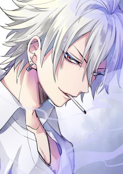 Anime picture 707x1000 with hypnosis mic aohitsugi samatoki huwakemushi03 single tall image looking at viewer fringe simple background hair between eyes red eyes holding silver hair upper body ahoge gradient background piercing mouth hold ear piercing smoke partially open clothes