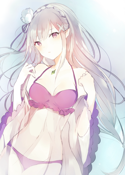 Anime picture 650x914 with re:zero kara hajimeru isekai seikatsu white fox emilia (re:zero) lpip single long hair tall image looking at viewer blush fringe breasts light erotic hair between eyes purple eyes cleavage silver hair braid (braids) parted lips hair flower pointy ears