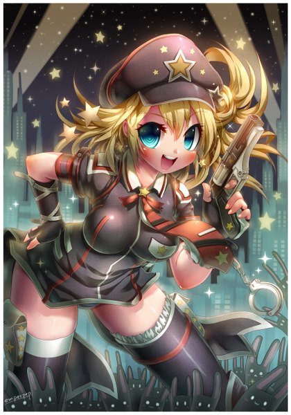 Anime picture 880x1256 with original emperpep single long hair tall image blush open mouth light erotic blonde hair smile aqua eyes night night sky hand on hip city framed girl thighhighs uniform weapon