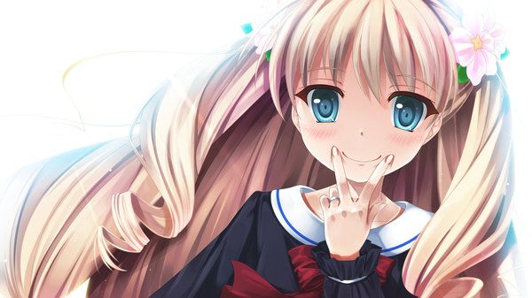 Anime picture 1025x576 with futagoza no paradox long hair looking at viewer blush blue eyes blonde hair smile wide image white background game cg hair flower loli drill hair girl hair ornament