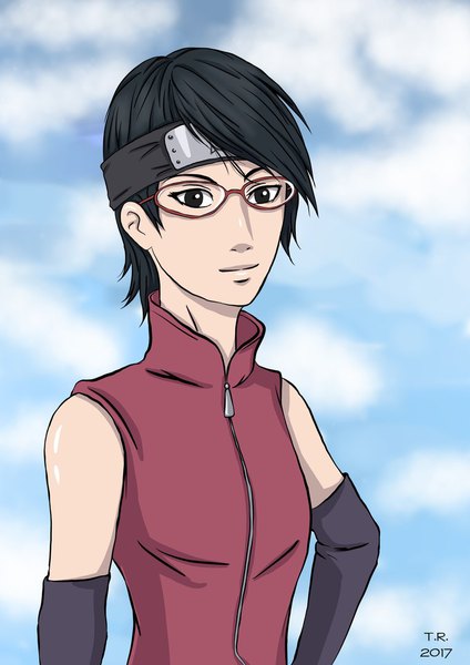 Anime picture 763x1080 with naruto studio pierrot naruto (series) uchiha sarada tanya512 single tall image looking at viewer short hair black hair standing signed sky cloud (clouds) upper body black eyes hand on hip girl detached sleeves glasses