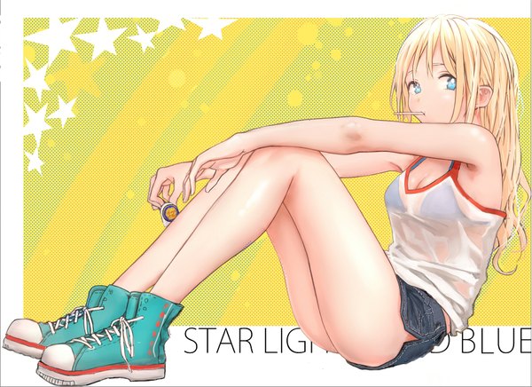 Anime picture 1855x1350 with original jugatukumao single long hair looking at viewer highres blue eyes light erotic blonde hair sitting inscription legs sleeveless transparent girl food shoes shorts lingerie sweets