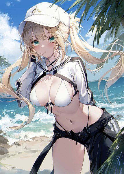 Anime picture 811x1135 with fate (series) fate/grand order artoria pendragon (all) artoria caster (fate) artoria caster (swimsuit) (fate) kinokohime single long hair tall image blush fringe breasts light erotic blonde hair standing twintails green eyes payot looking away sky